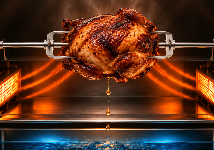 Frango inteiro assando no espeto giratório diante dos queimadores infravermelhos laterais da churrasqueira Cooktop