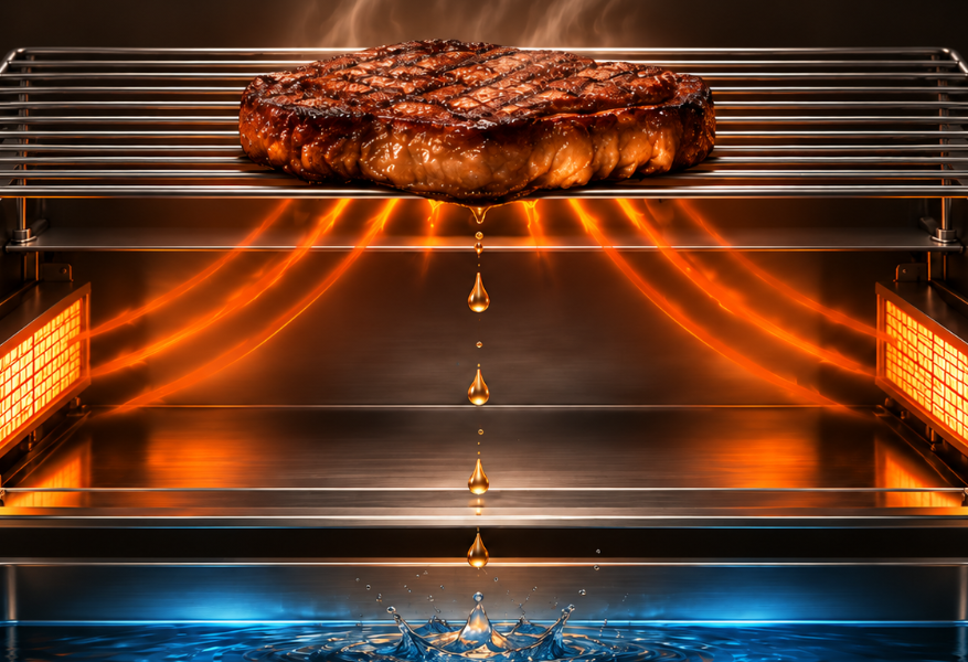 Corte interno da churrasqueira Cooktop mostrando o calor infravermelho lateral, a gordura distante dos queimadores e a bandeja com água